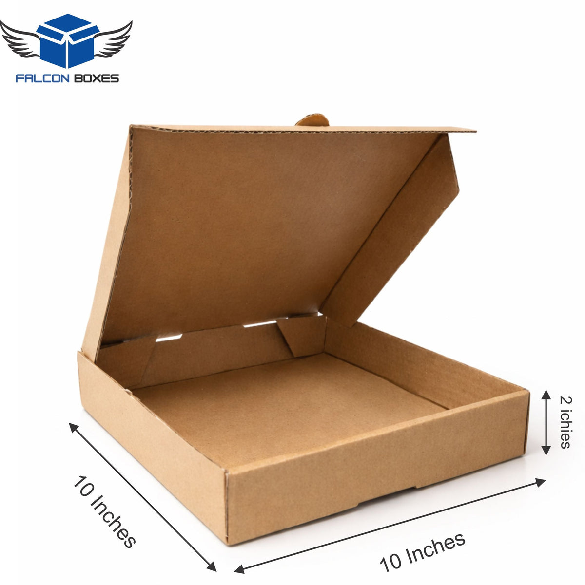 Brown cardboard box with dimensions labeled on a white background, featuring the Falcon Boxes logo.