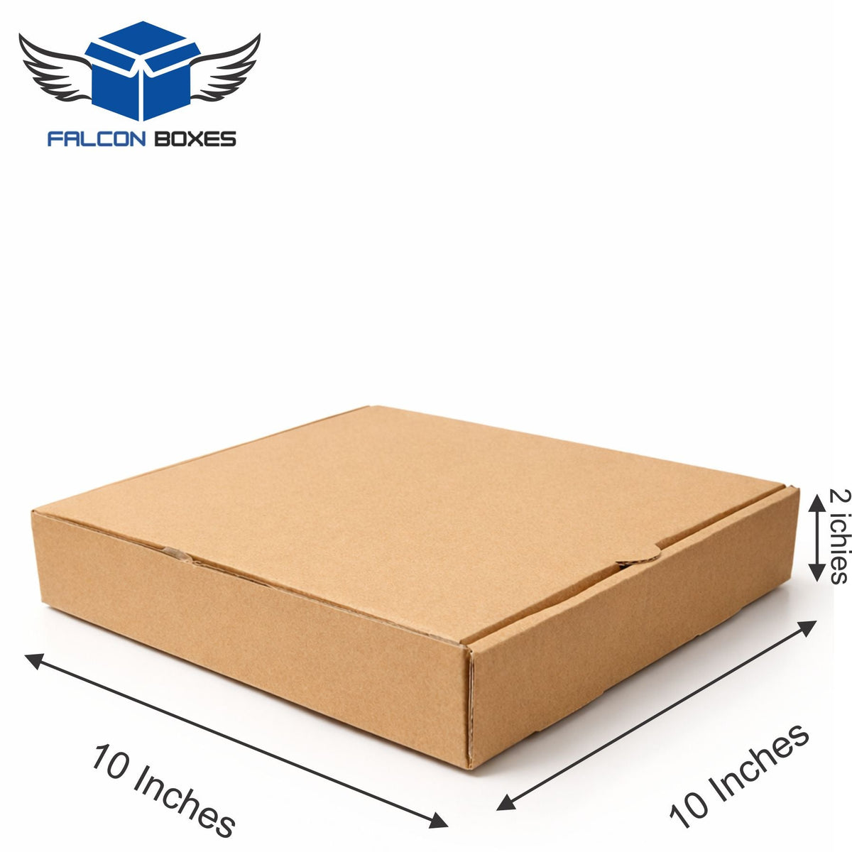 Cardboard box with dimensions labeled on a white background, featuring the Falcon Boxes logo.