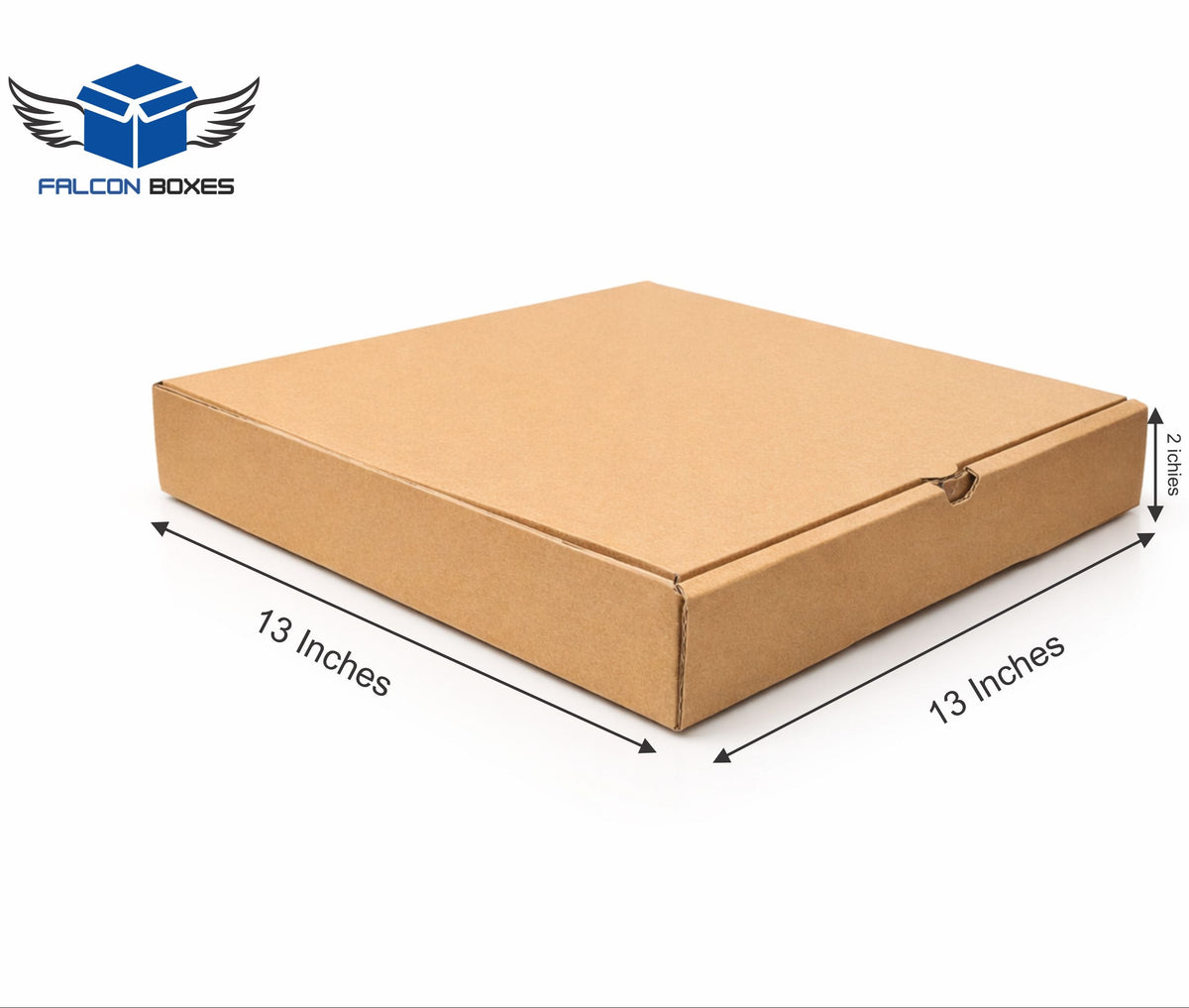 Cardboard box with dimensions labeled on a white background, featuring the Falcon Boxes logo.