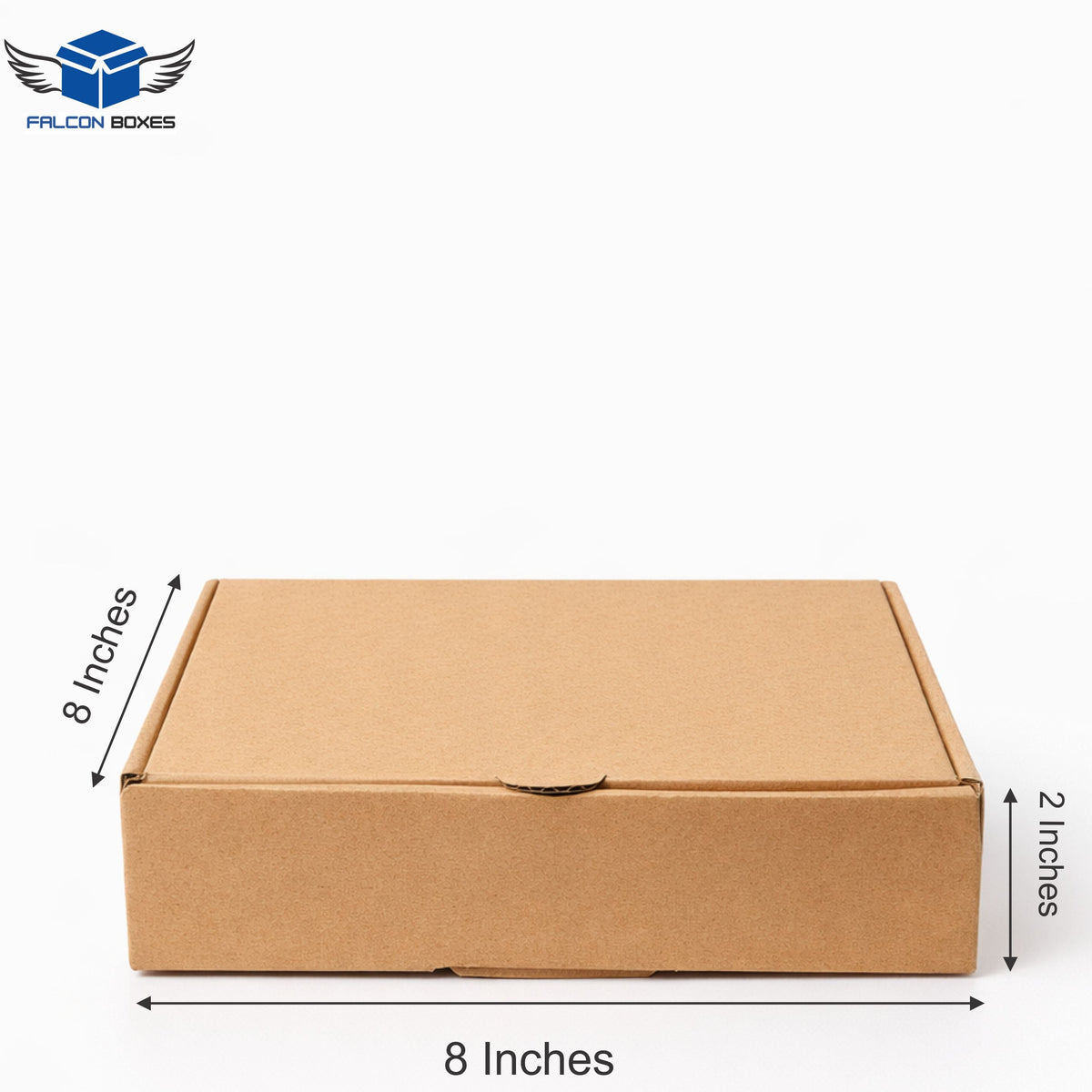 Kraft paper box with dimensions labeled on a white background, featuring the Falcon Boxes logo.