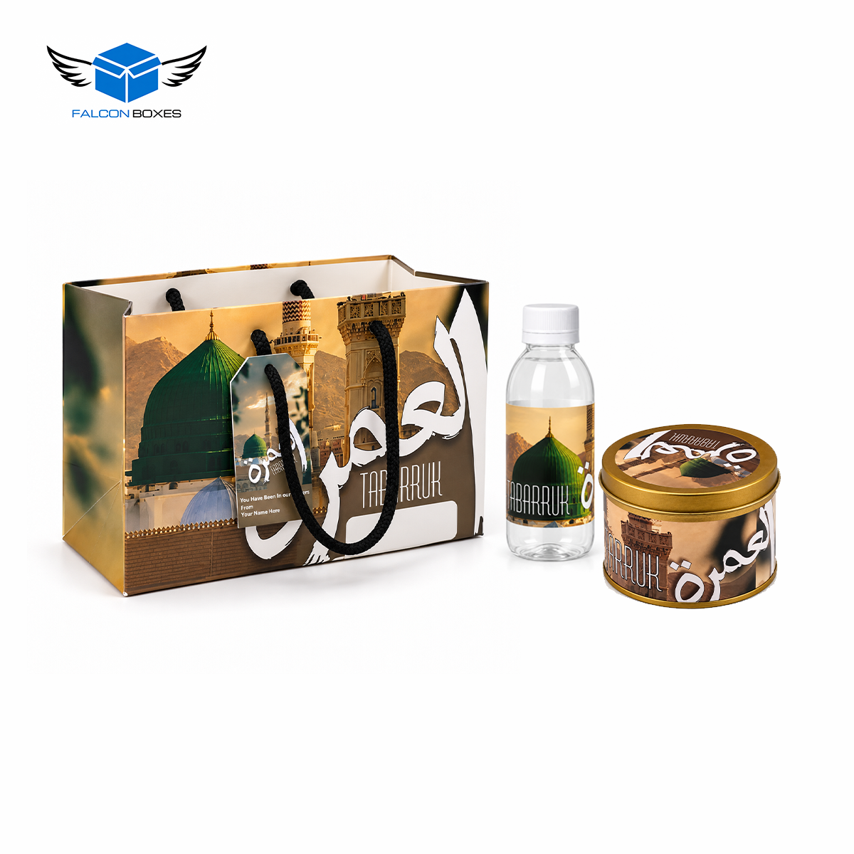 Umrah Tabarruk Gift Set – Premium Gift Packaging with Bottle & Tin Can