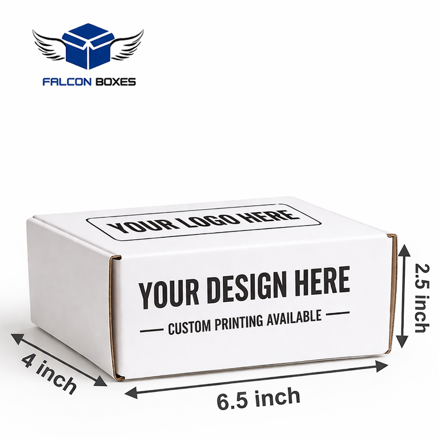 White cardboard box with dimensions and customization options on a white background, featuring the Falcon Boxes brand.