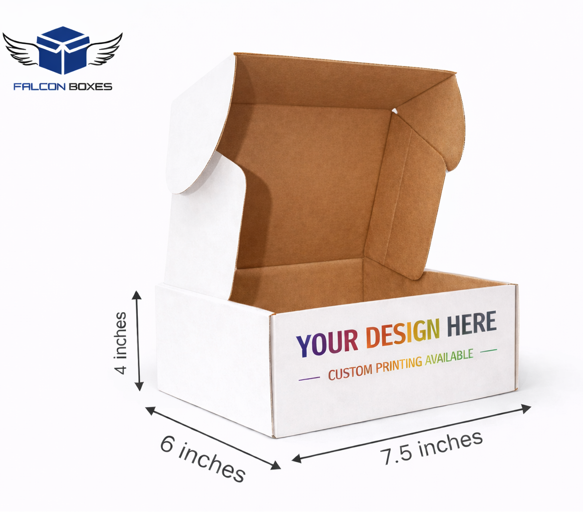 Cardboard box with dimensions labeled and 'Falcon Boxes' branding.
