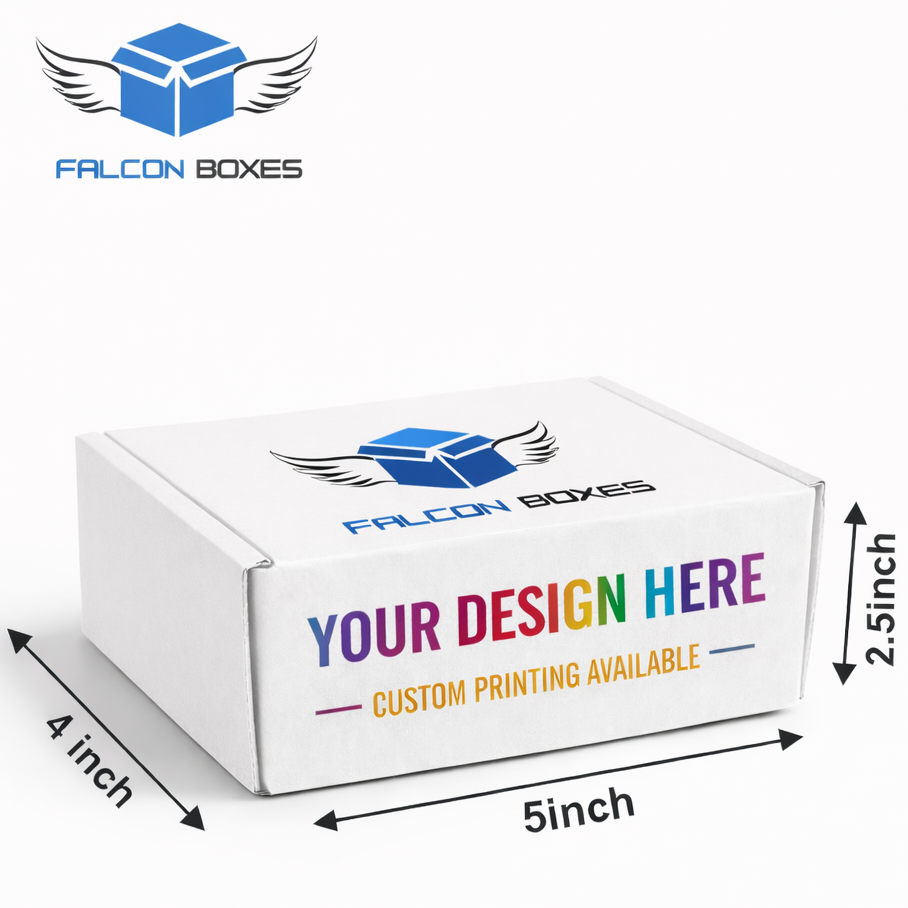 White box with Falcon Boxes branding and customizable design text, dimensions indicated.