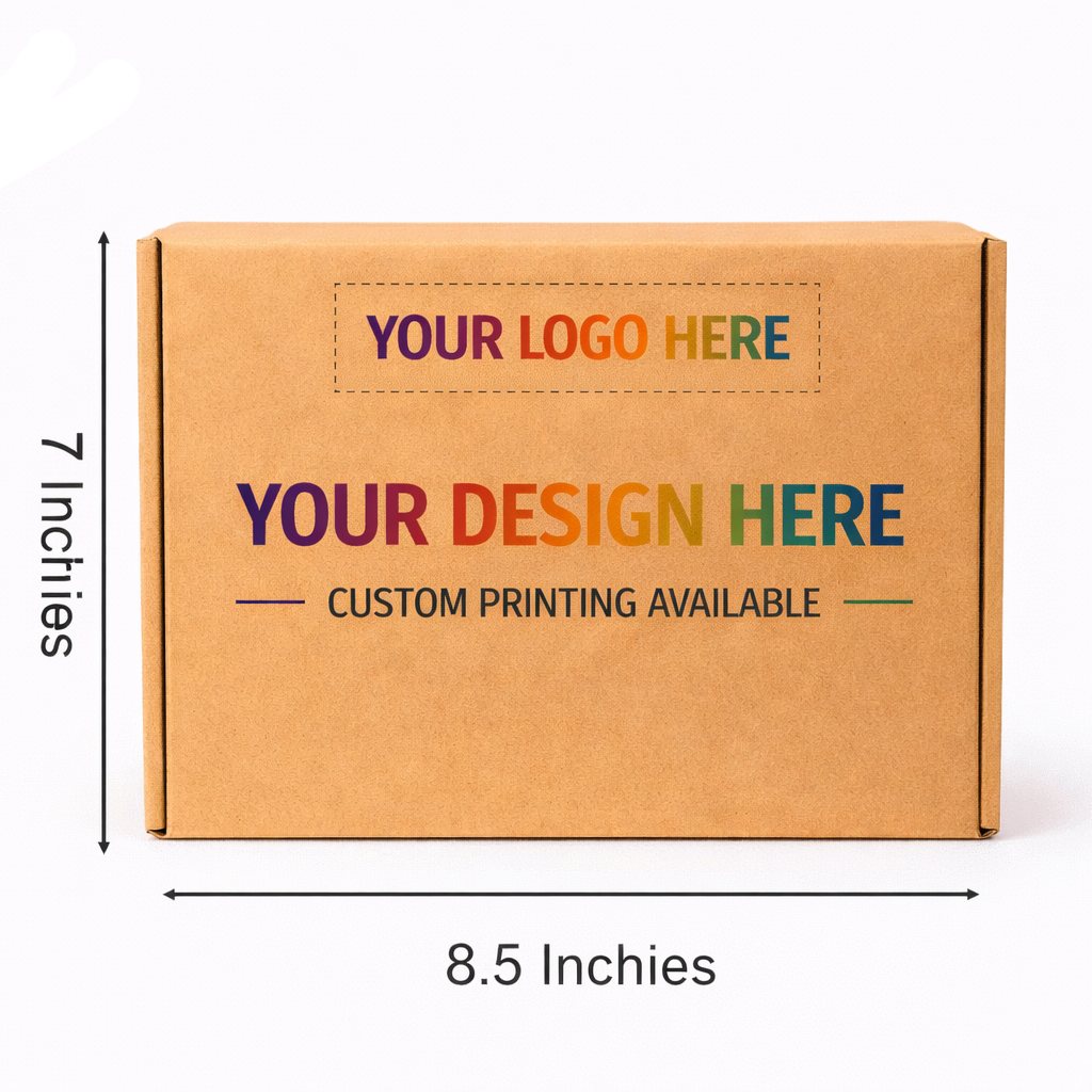 Cardboard box with customizable design and logo space, Falcon Boxes branding visible.