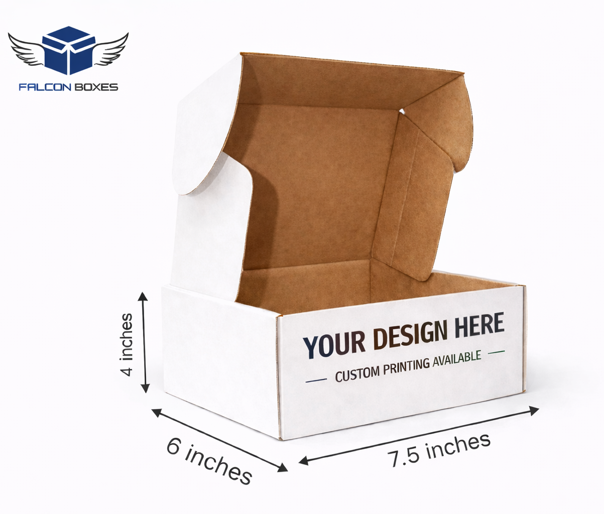 Cardboard box with dimensions labeled and 'Falcon Boxes' branding.