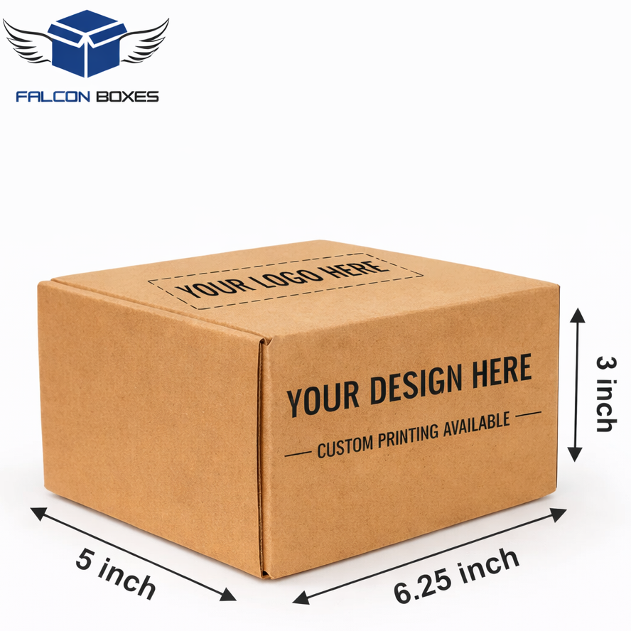 Cardboard box with dimensions and customization options on a white background, featuring the Falcon Boxes brand.