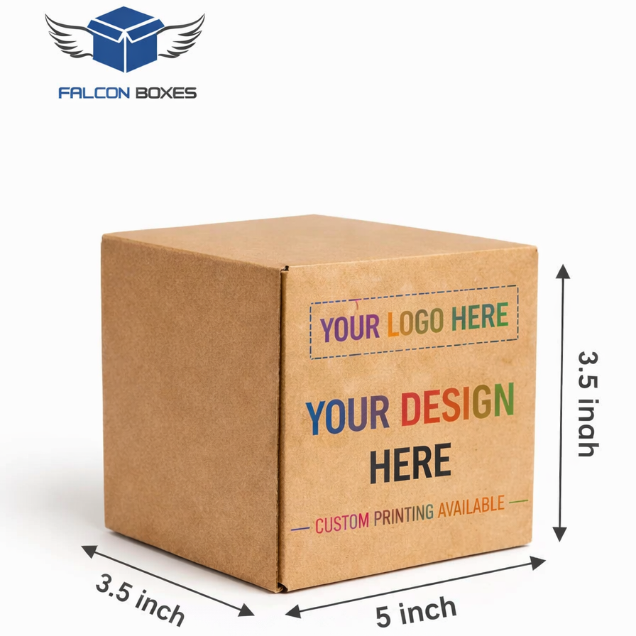Kraft paper box with customizable design and logo on a white background, featuring Falcon Boxes branding.