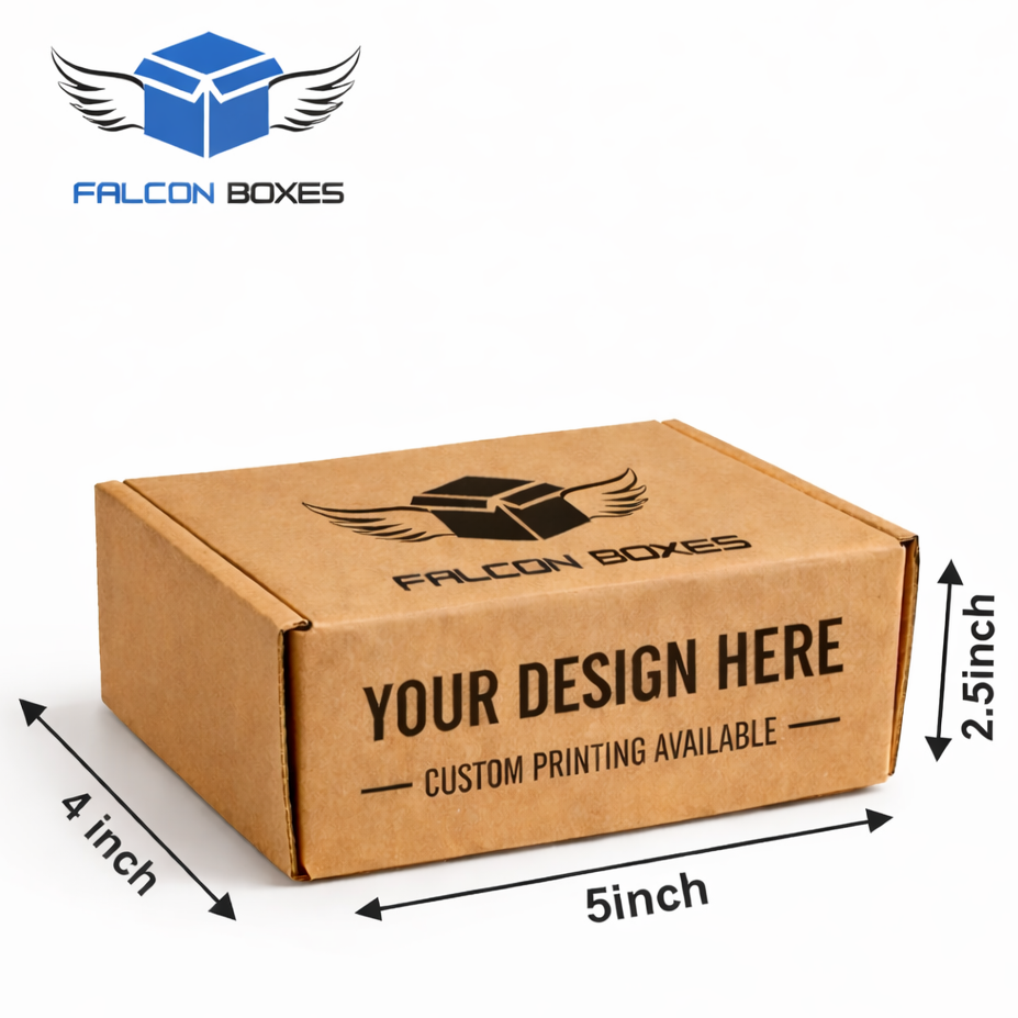Cardboard box with Falcon Boxes branding and dimensions on a white background