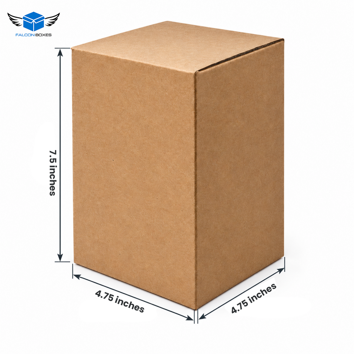 Closed 4.75 x 4.75 x 7.5 inch kraft corrugated box with dimensions - Falcon Boxes