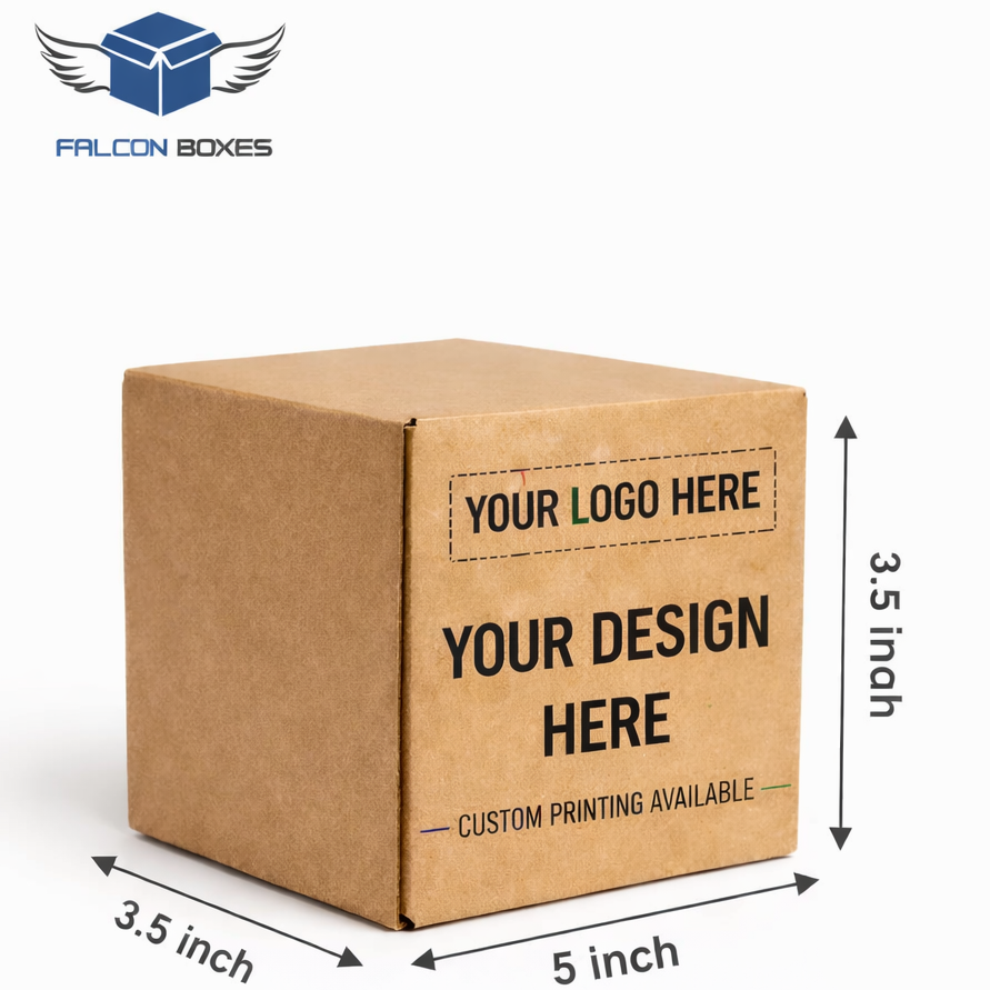 Kraft paper box with customizable design and logo area, dimensions indicated.