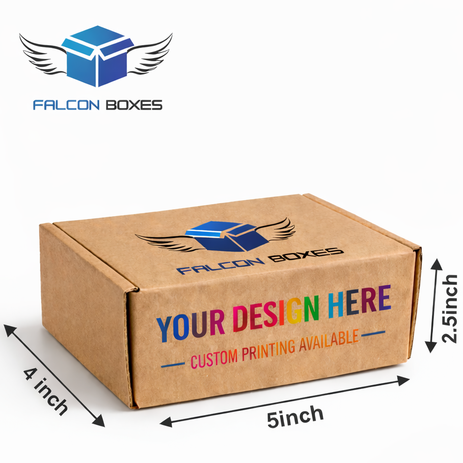 Cardboard box with dimensions and customization options on a white background, featuring the Falcon Boxes brand.