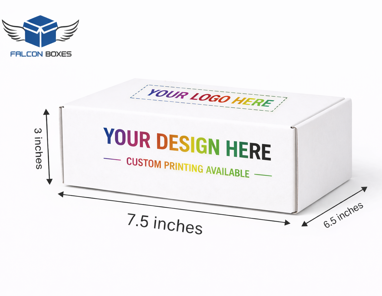 White box with customizable design area, dimensions indicated, and Falcon Boxes branding.
