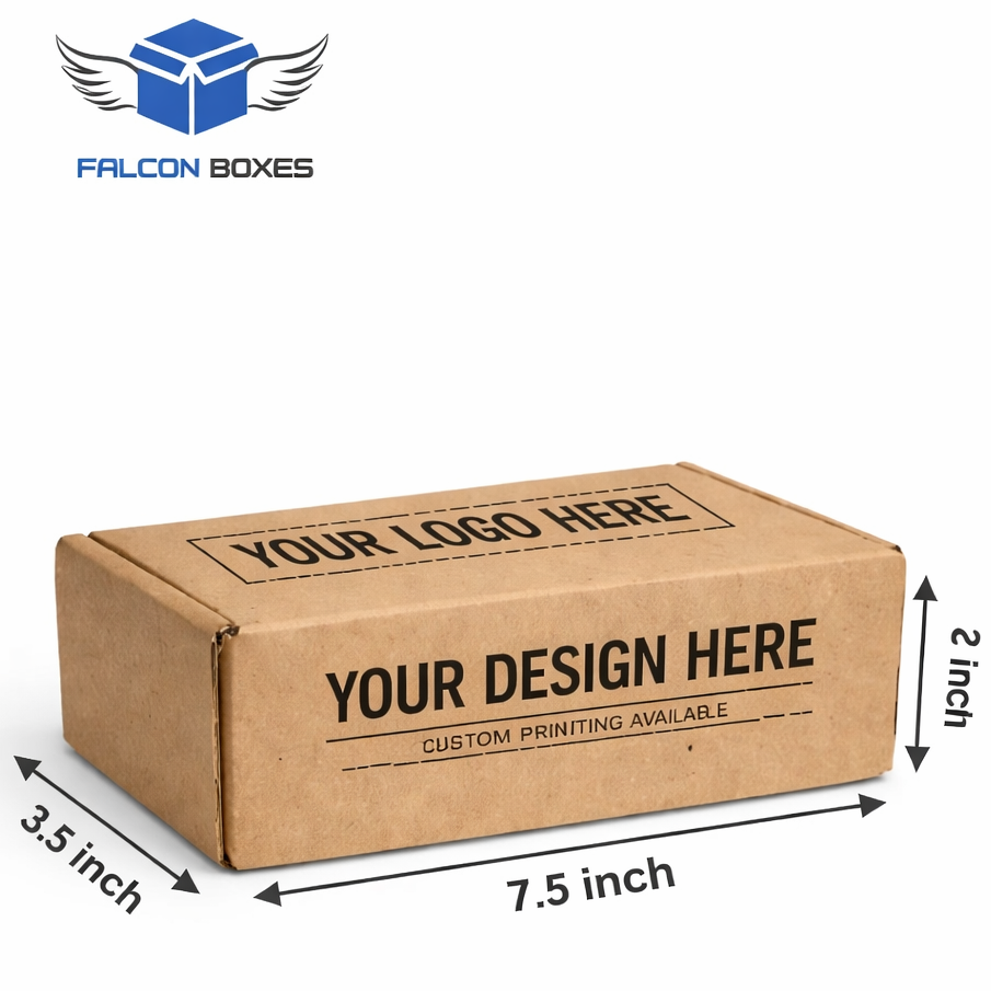 Cardboard box with dimensions and customization options on a white background, featuring the Falcon Boxes logo.