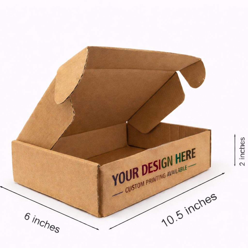 Open cardboard box with dimensions and 'Your Design Here' text, Falcon Boxes logo visible.