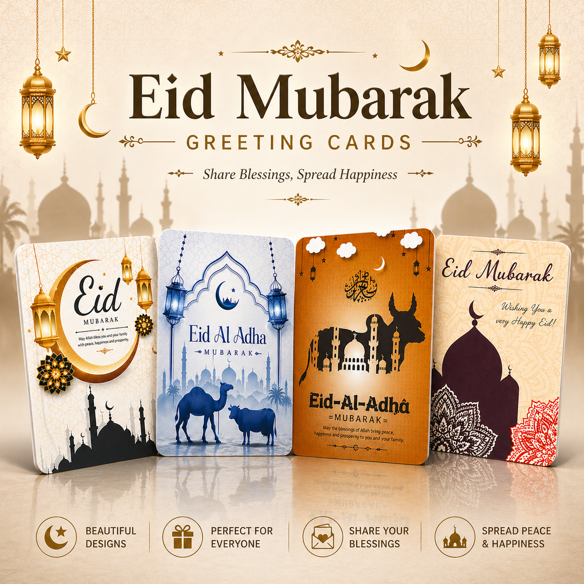 50Pcs of Luxury Eid Mubarak Cards – High Quality Printed Greeting Cards