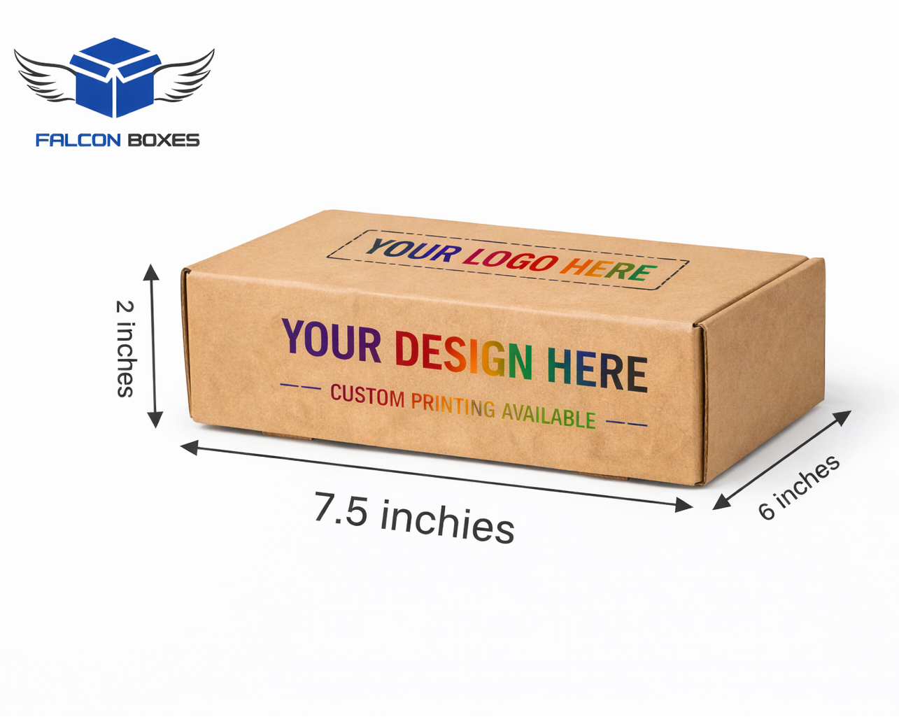 Cardboard box with customizable design and branding options, featuring Falcon Boxes logo.