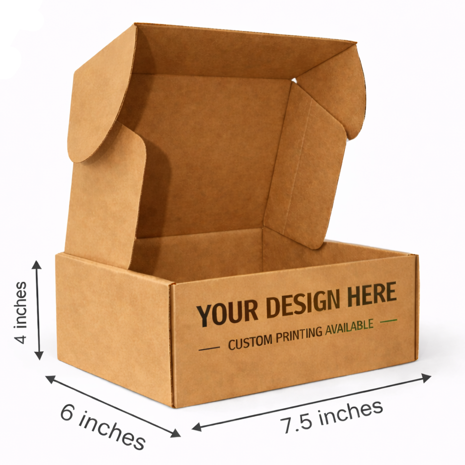 Brown cardboard box with dimensions and customization options on a white background, featuring the Falcon Boxes logo.