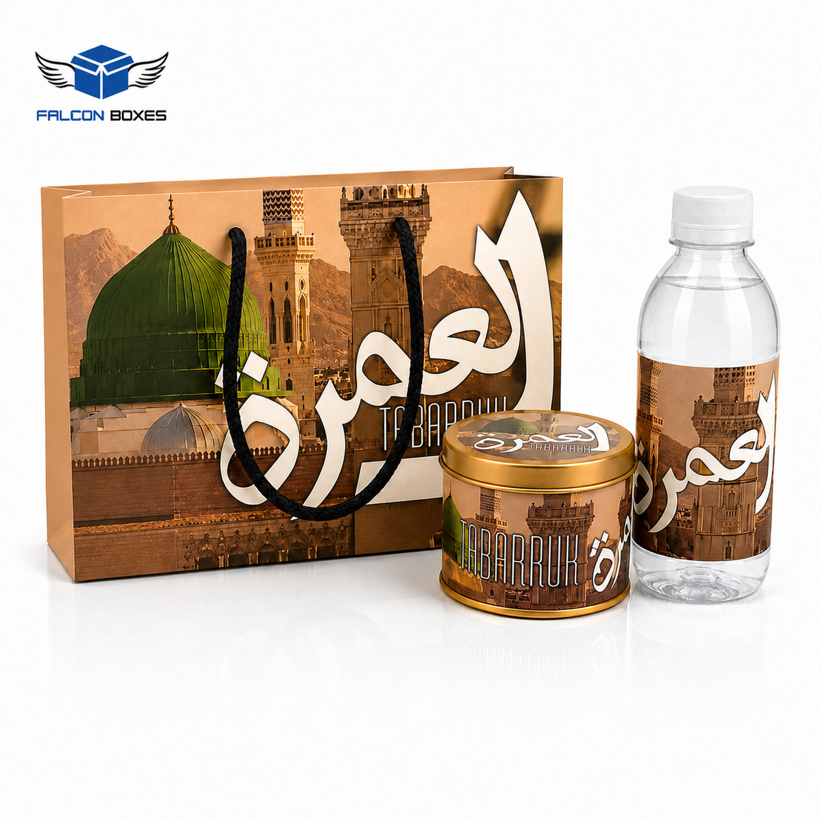 Umrah Tabarruk Gift Set – Premium Gift Packaging with Bottle & Tin Can