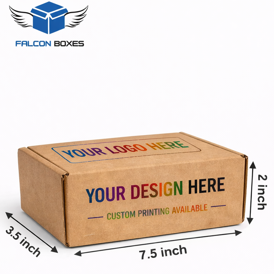 Kraft paper box with customizable design and dimensions on a white background, featuring Falcon Boxes logo.