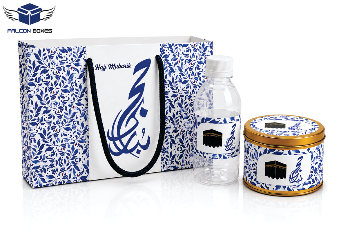 Hajj Mubarak Gift Set –Blue Islamic Gift Packaging with Bottle & Tin Can