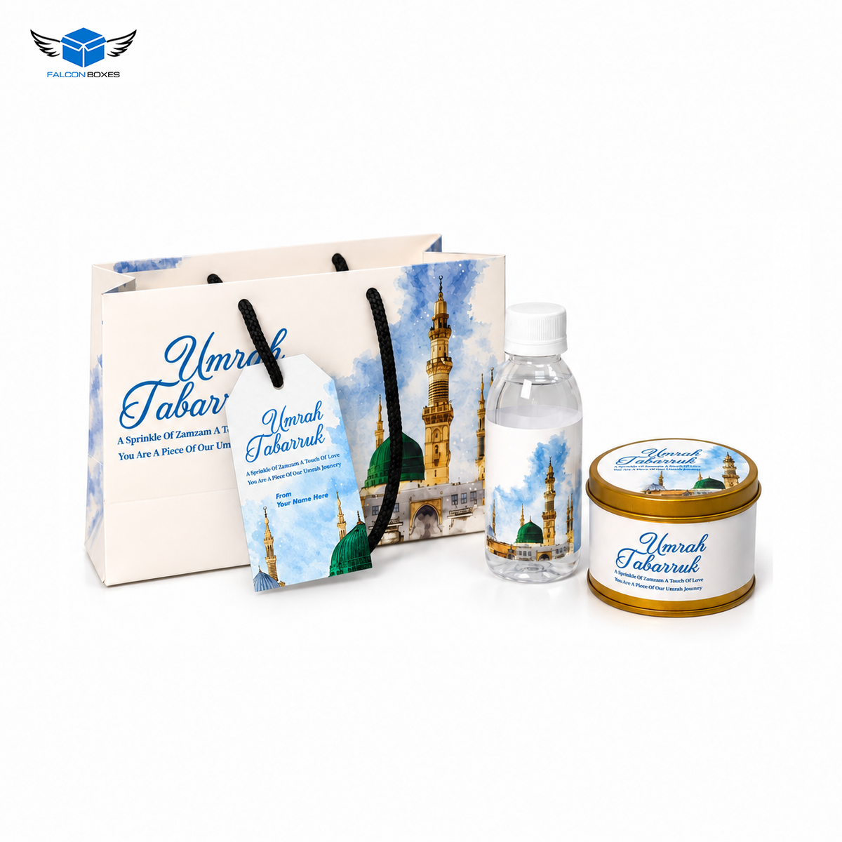 Blue Madina Umrah Tabarruk Gift Set with 125g Tin, Bottle & Bag