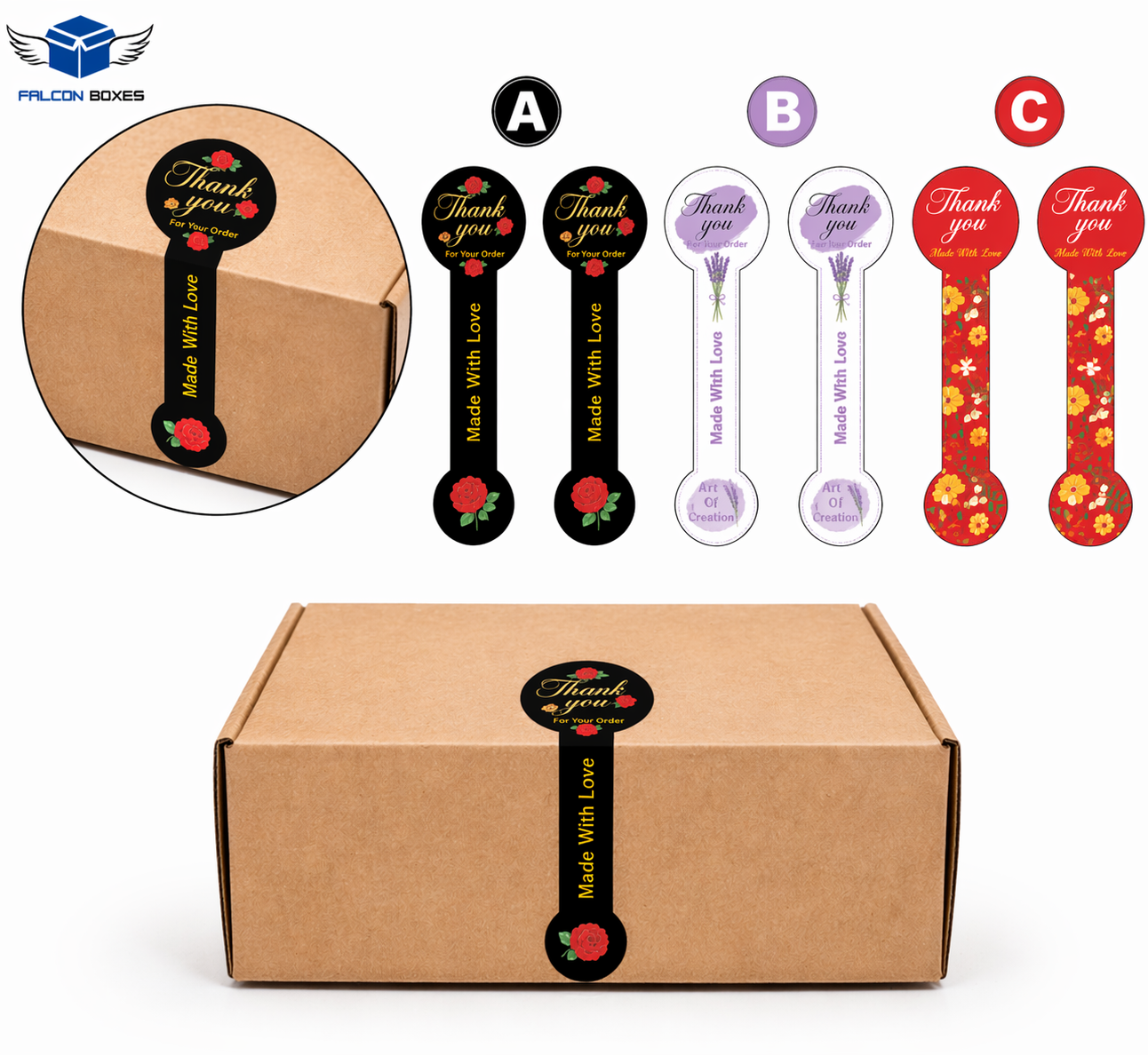 Cardboard box with decorative labels featuring floral designs and text.