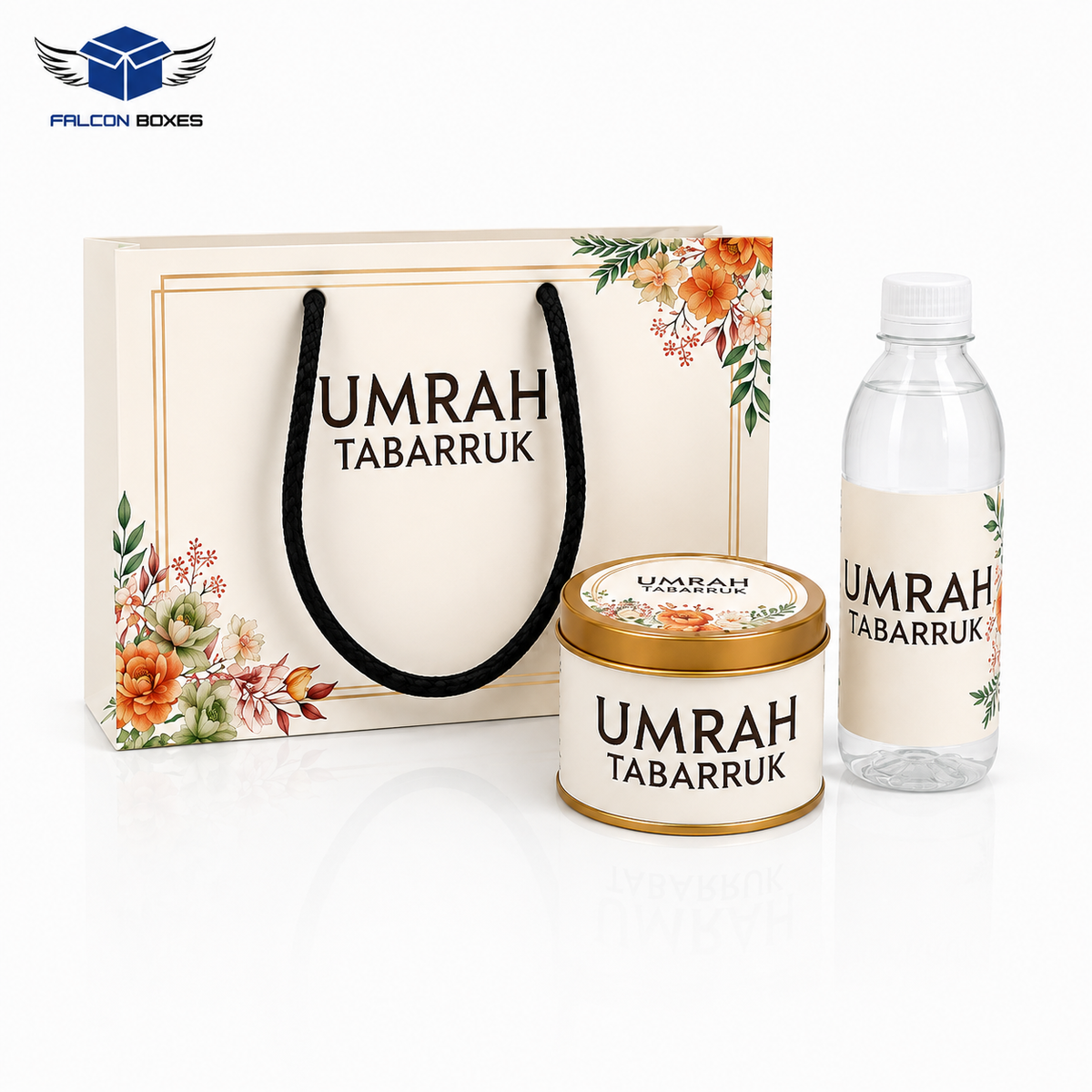 Elegant Floral Gift Set (with Tin Jar 250g) - Umrah Tabarruk Packaging