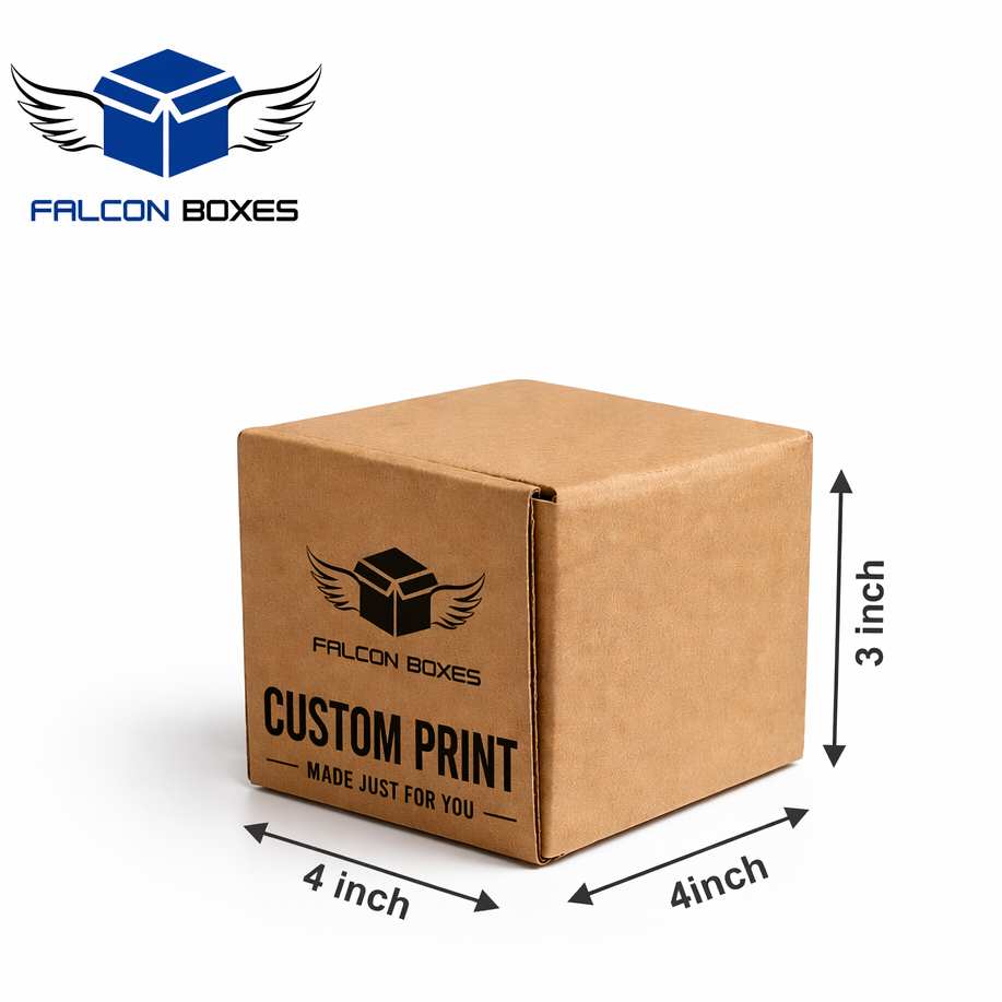 Kraft paper box with dimensions and Falcon Boxes branding on a white background