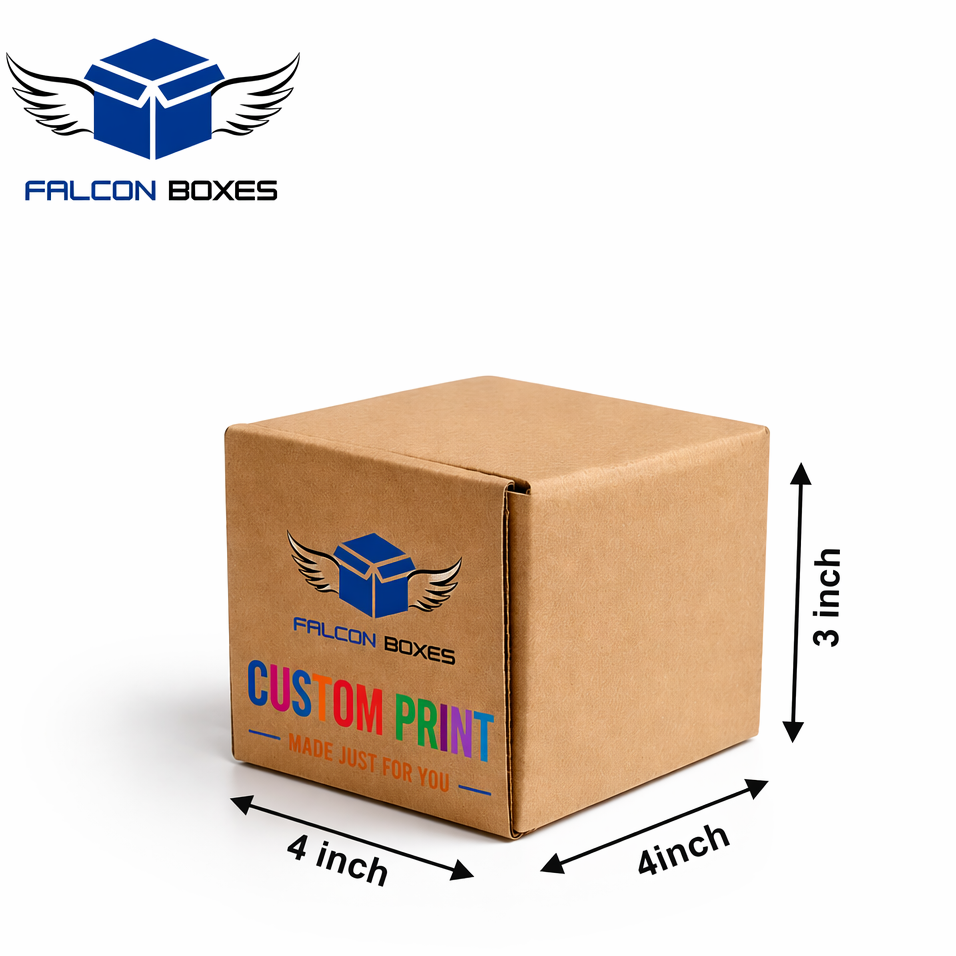 Cardboard box with Falcon Boxes branding and dimensions on a white background