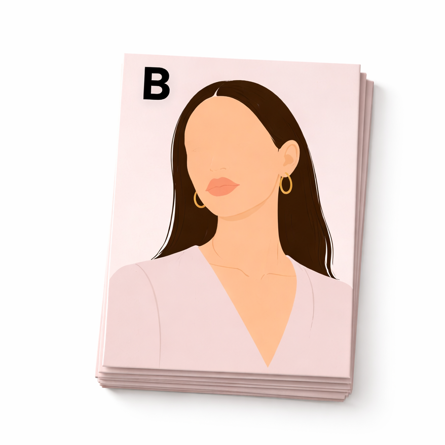 Stack of greeting cards with a woman's face on the cover, on a white background