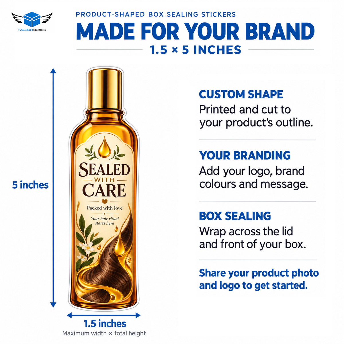 50 Custom Product-Shaped Box Sealing Stickers 1.5x5 Inches – Personalized Packaging Stickers by Falcon Boxes Pakistan