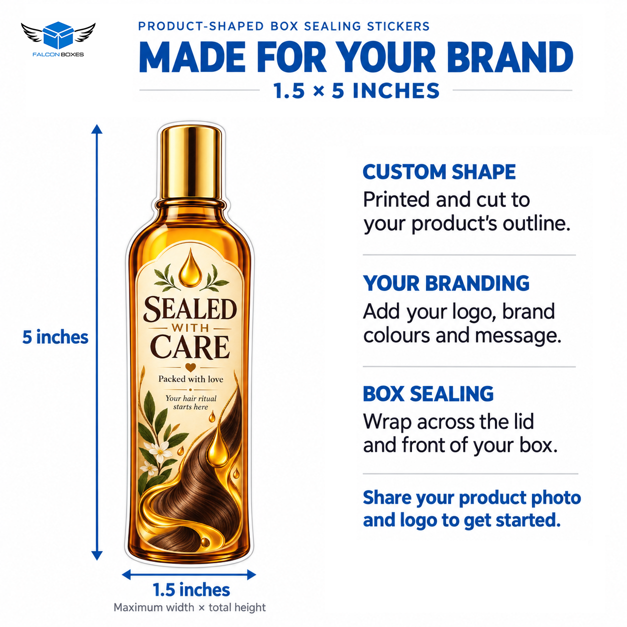 50 Custom Product-Shaped Box Sealing Stickers 1.5x5 Inches – Personalized Packaging Stickers by Falcon Boxes Pakistan