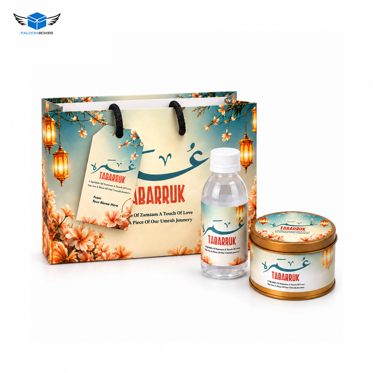Umrah Tabarruk Gift Set with 125g Tin, Bottle & Gift Bag – Floral Design