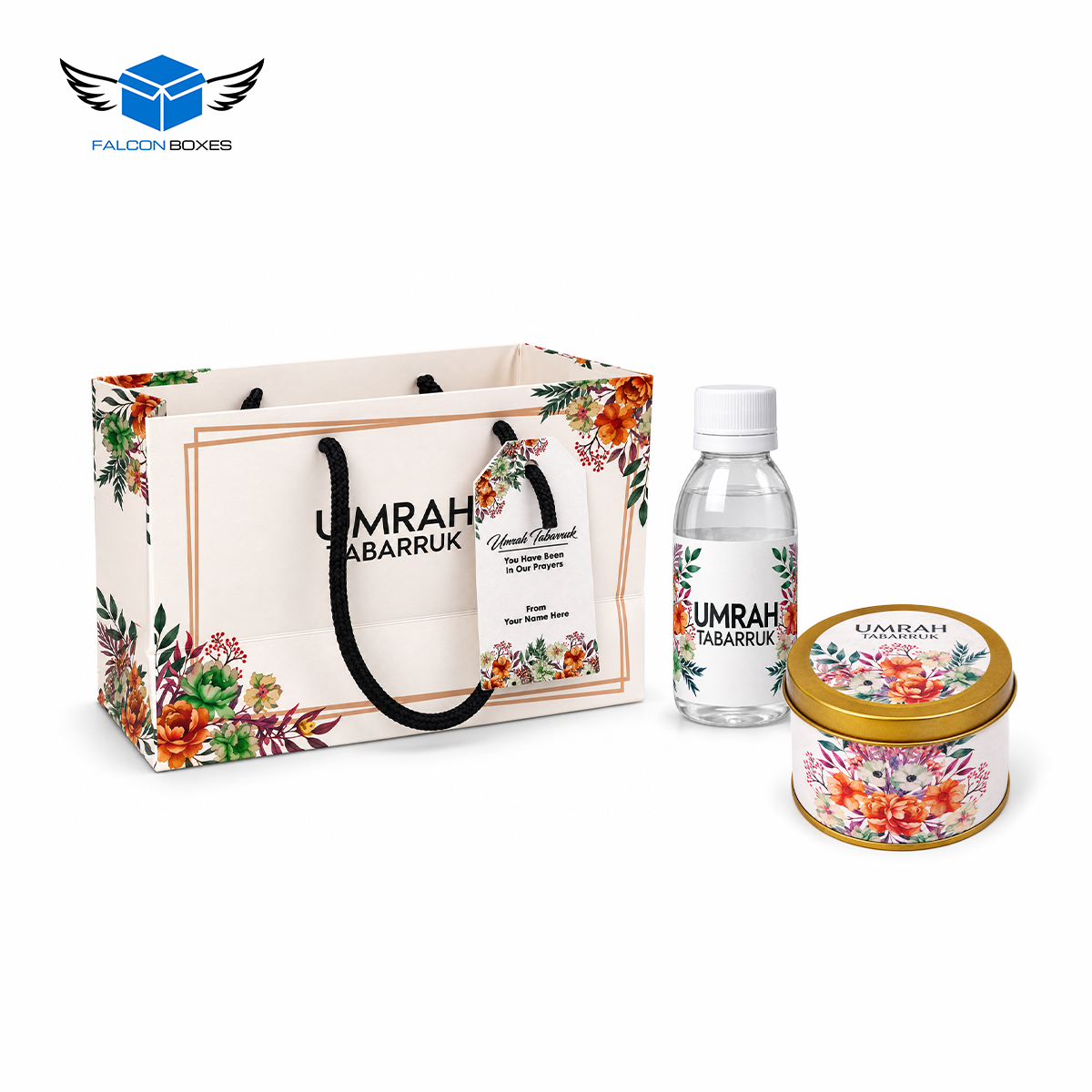 Elegant Floral Gift Set (with small Tin Box 125g) - Umrah / Hajj Tabarruk Packaging