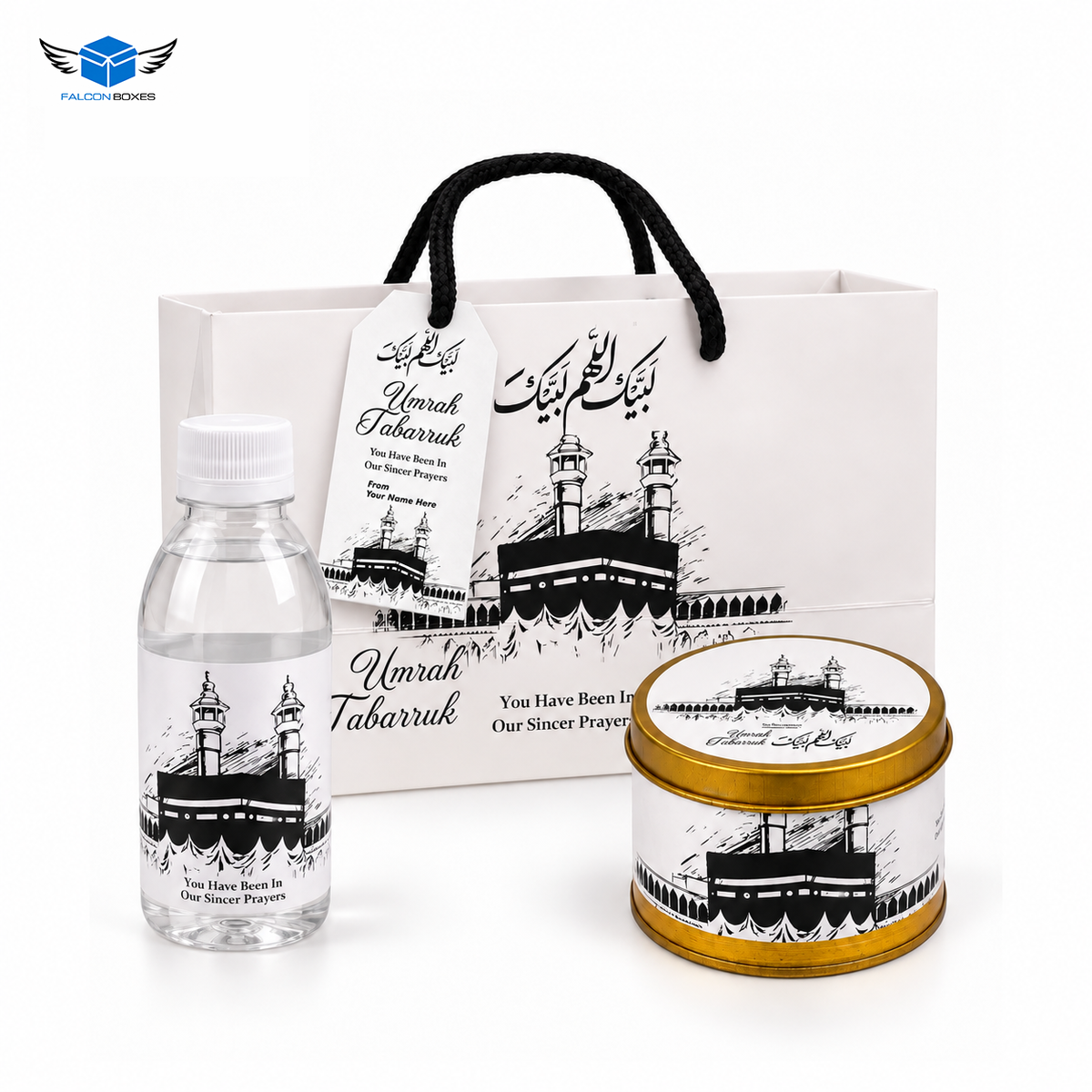 Black & White Kaaba Umrah Tabarruk Gift Set with 125g Tin, Bottle & Bag