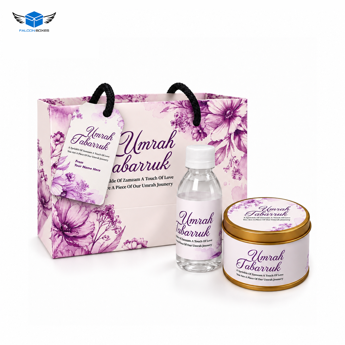 Purple Floral Umrah Tabarruk Gift Set with 125g Tin, Bottle & Bag