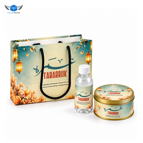 Complete floral lantern Umrah Tabarruk set with bag 250g tin and bottle