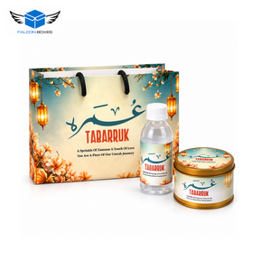 Umrah Tabarruk gift set with floral printed bag, Zamzam bottle and 125g tin