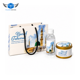 Blue Madina Umrah Tabarruk gift set with 125g tin, bottle and bag