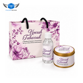 Purple floral Umrah Tabarruk gift set with 125g tin, bottle and bag
