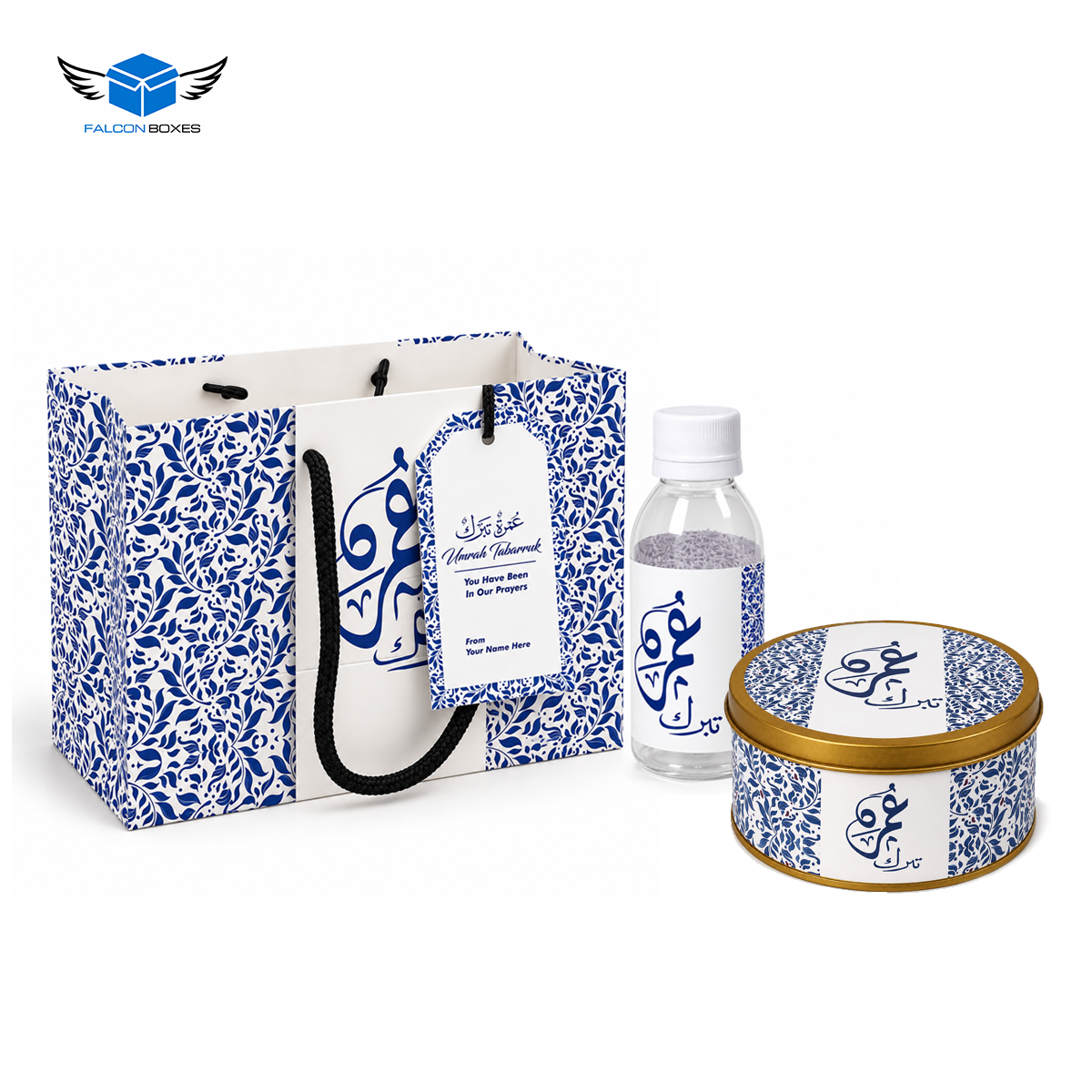 Blue Islamic Gift Set (with Tin Jar 250g) - Umrah Tabarruk Packaging