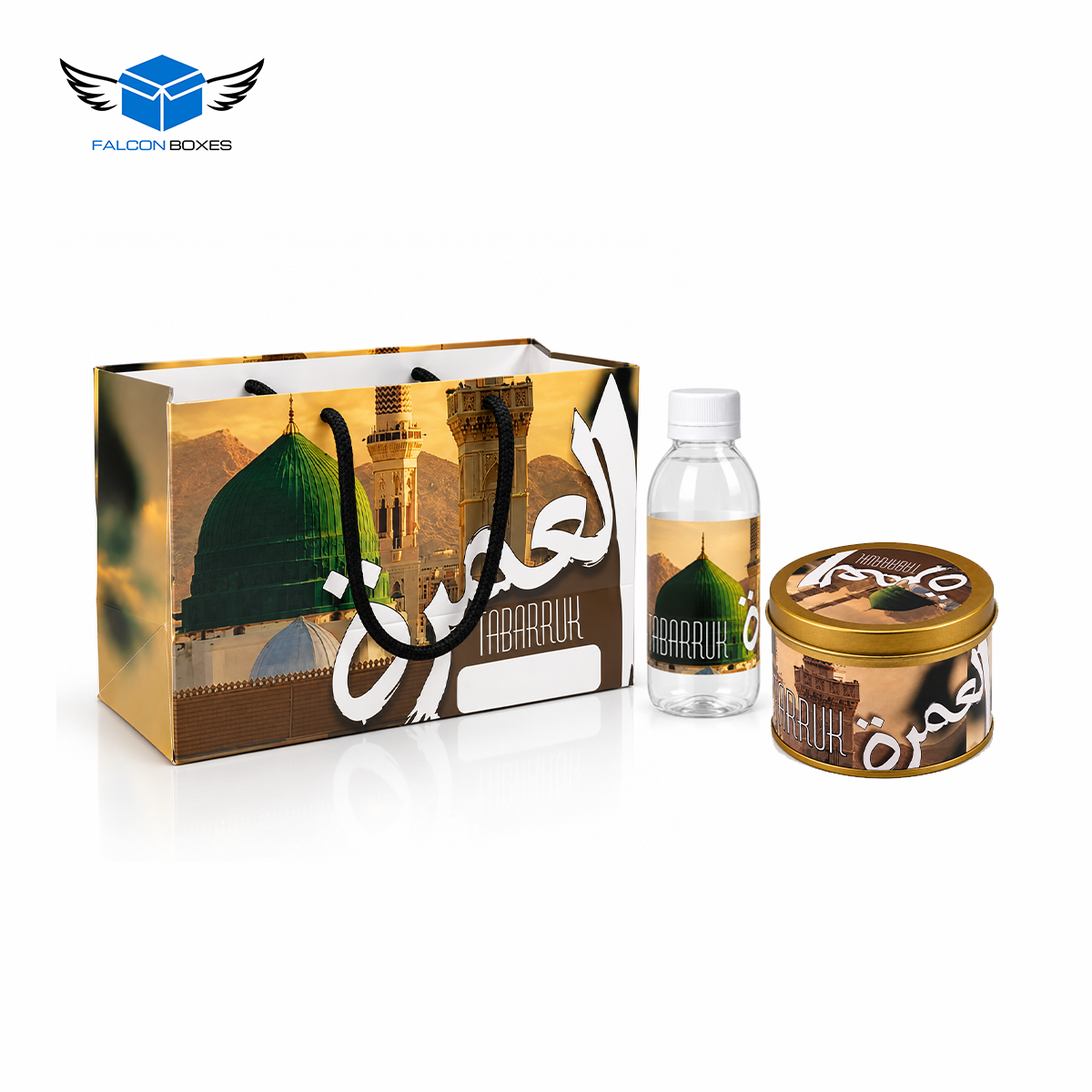 Umrah Tabarruk Gift Set – Premium Gift Packaging with Bottle & Tin Can