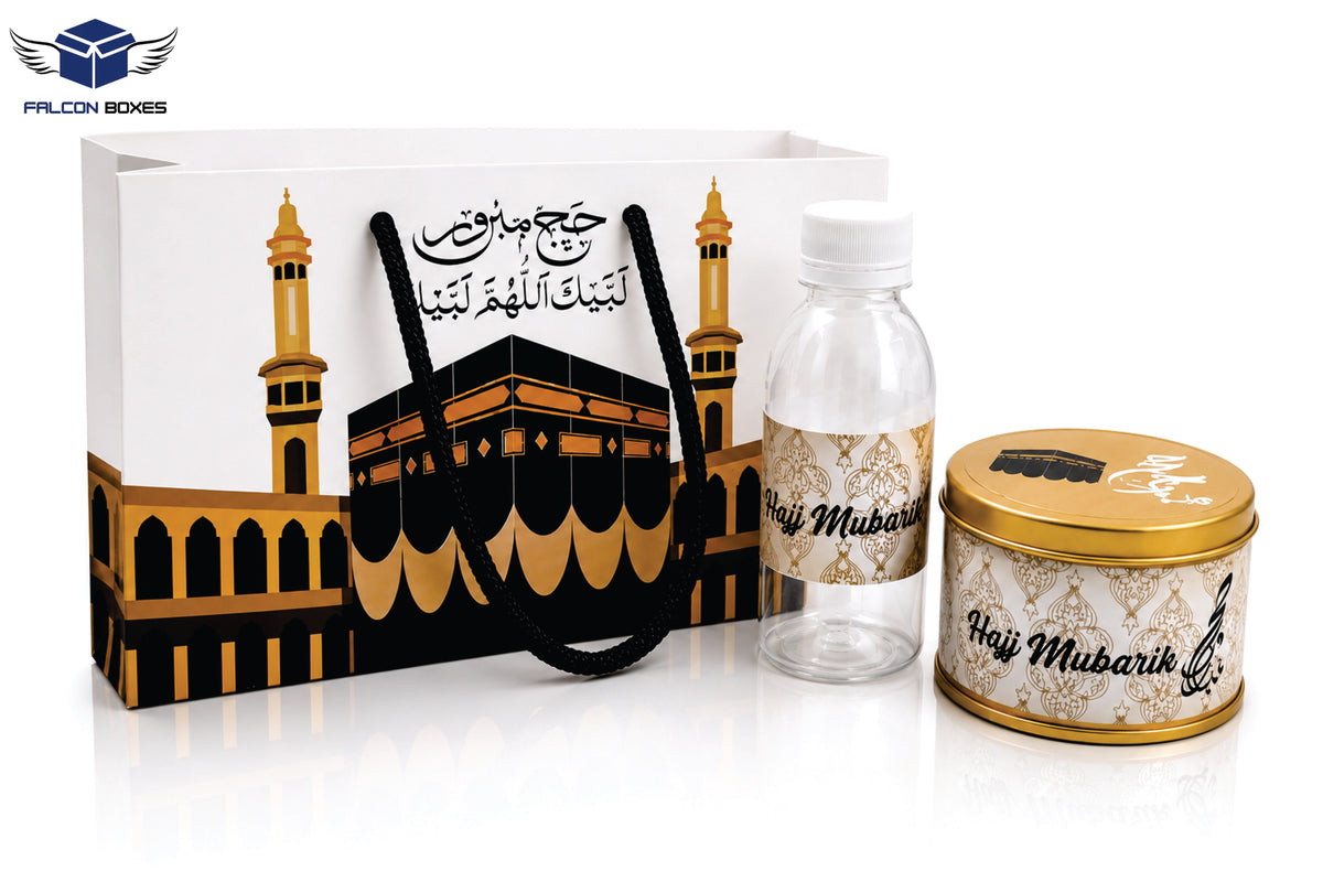 Hajj Mubarak Gift Set – Islamic Favor Box with Bottle & Tin Can