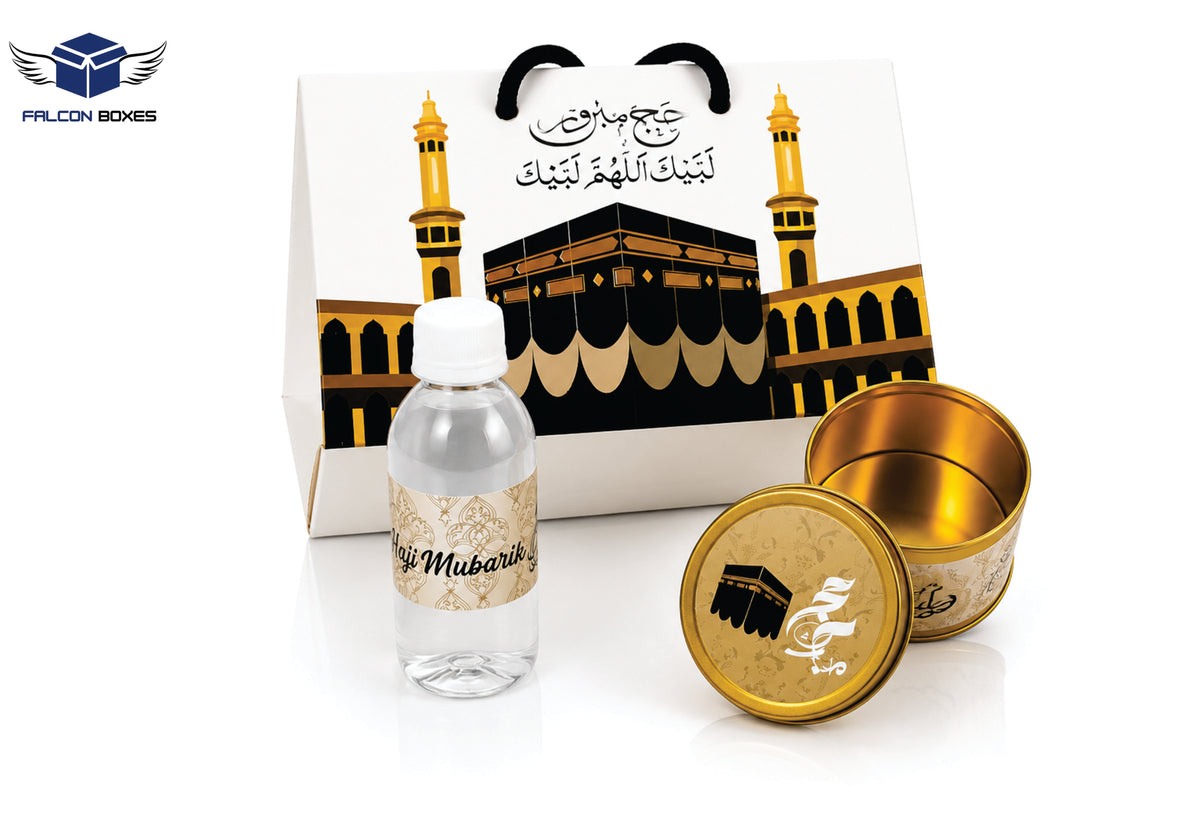 Hajj Mubarak Gift Set – Islamic Favor Box with Bottle & Tin Can