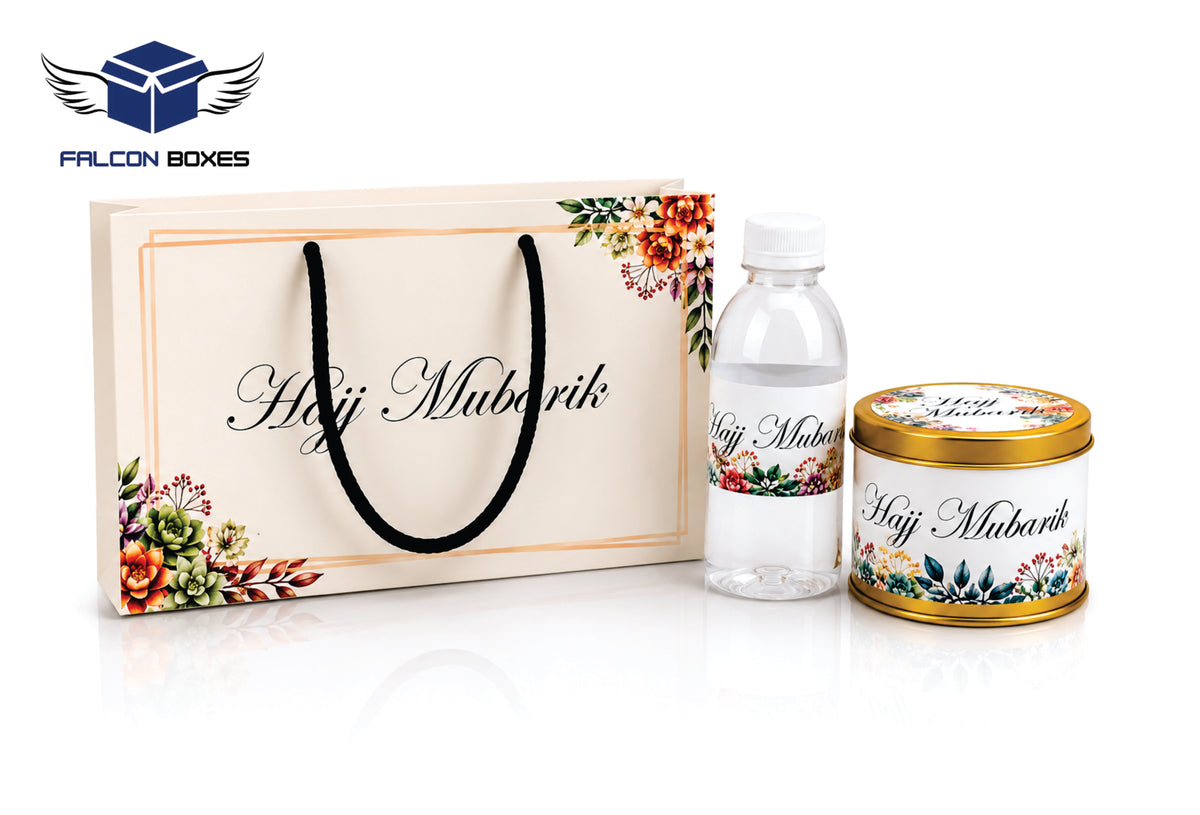 Hajj Mubarak Gift Set –Elegant Floral Gift Packaging with Bottle & Tin Can