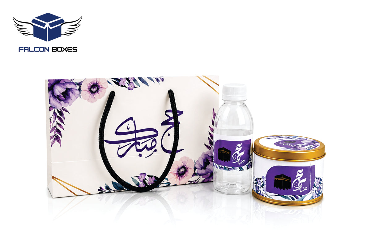 Hajj Mubarak Gift Set – Premium Purple Packaging Box with Bottle & Tin Can
