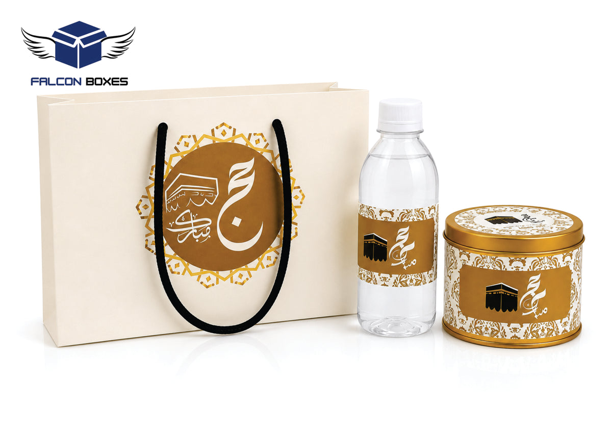 Hajj Mubarak Gift Set – Luxury Golden Packaging Box with Bottle & Tin Can