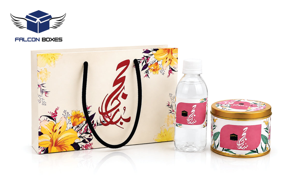 Hajj Mubarak Gift Set –Luxury Floral Gift Packaging with Bottle & Tin Can