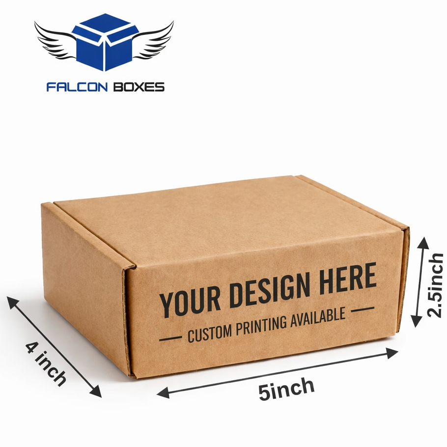 Cardboard box with dimensions and customization text, Falcon Boxes logo.
